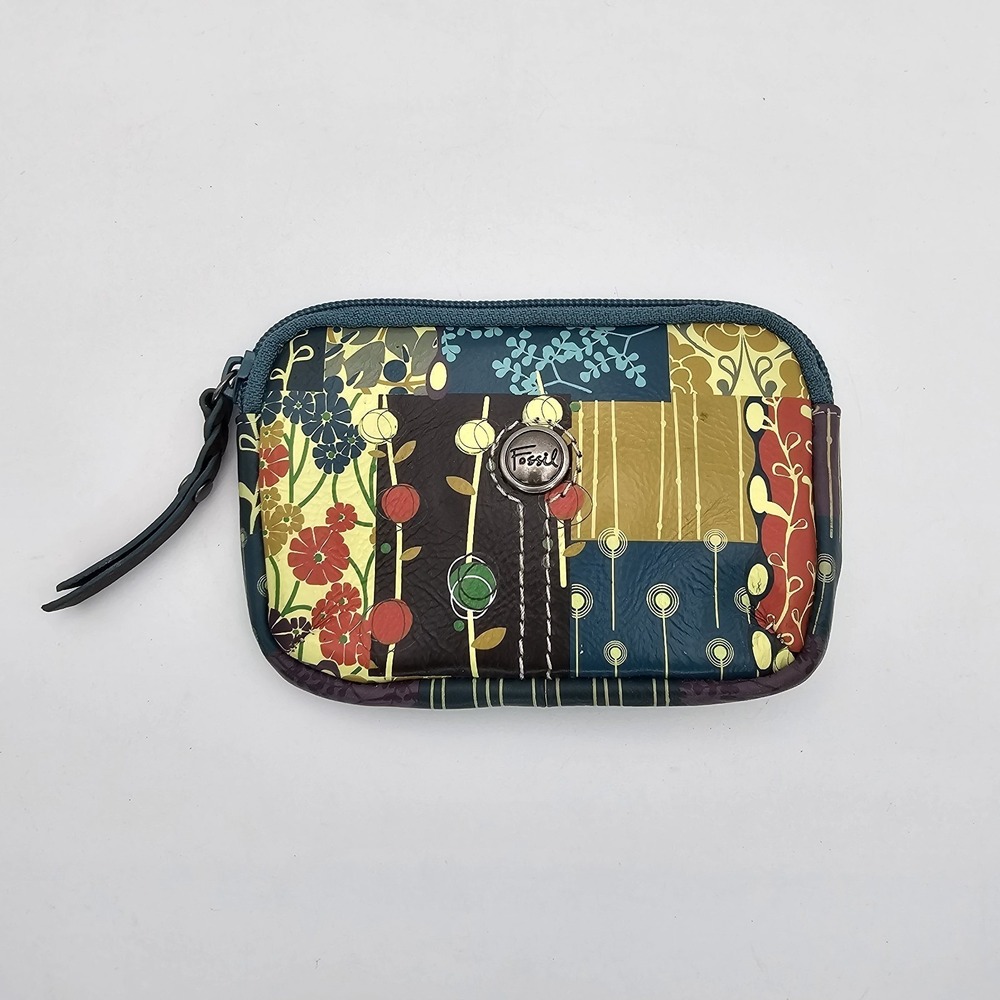 Fossil Floral Small Leather Wallet Coin Purse Key Fob Holder Keychain Full Zip